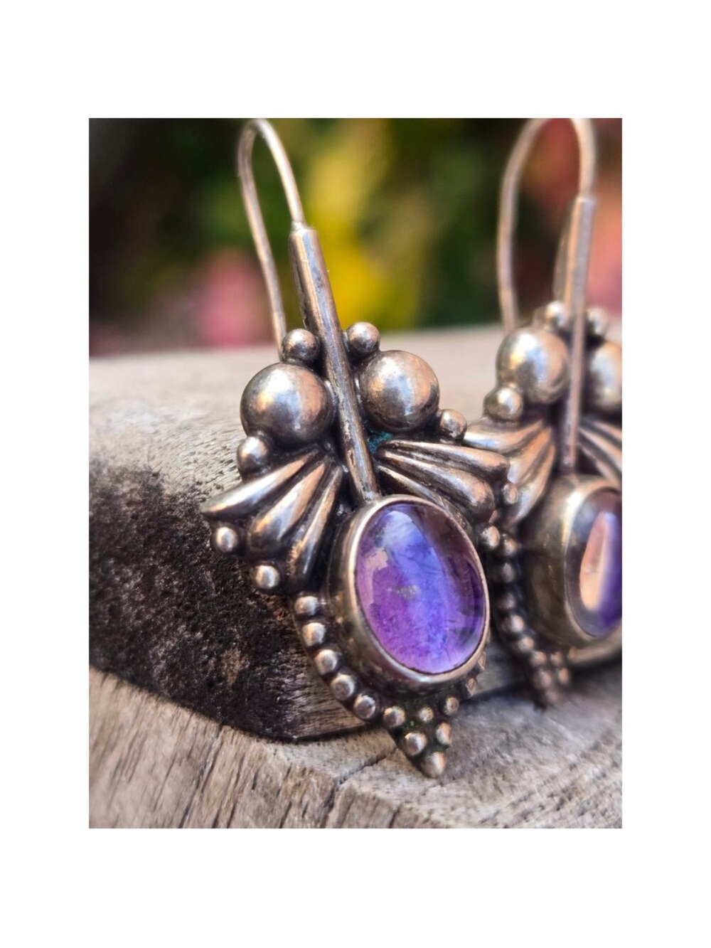 Vintage Sterling Silver Bohemian Bubble Bezel Set Amethyst Cabochon Earrings - Picture 2 of 6